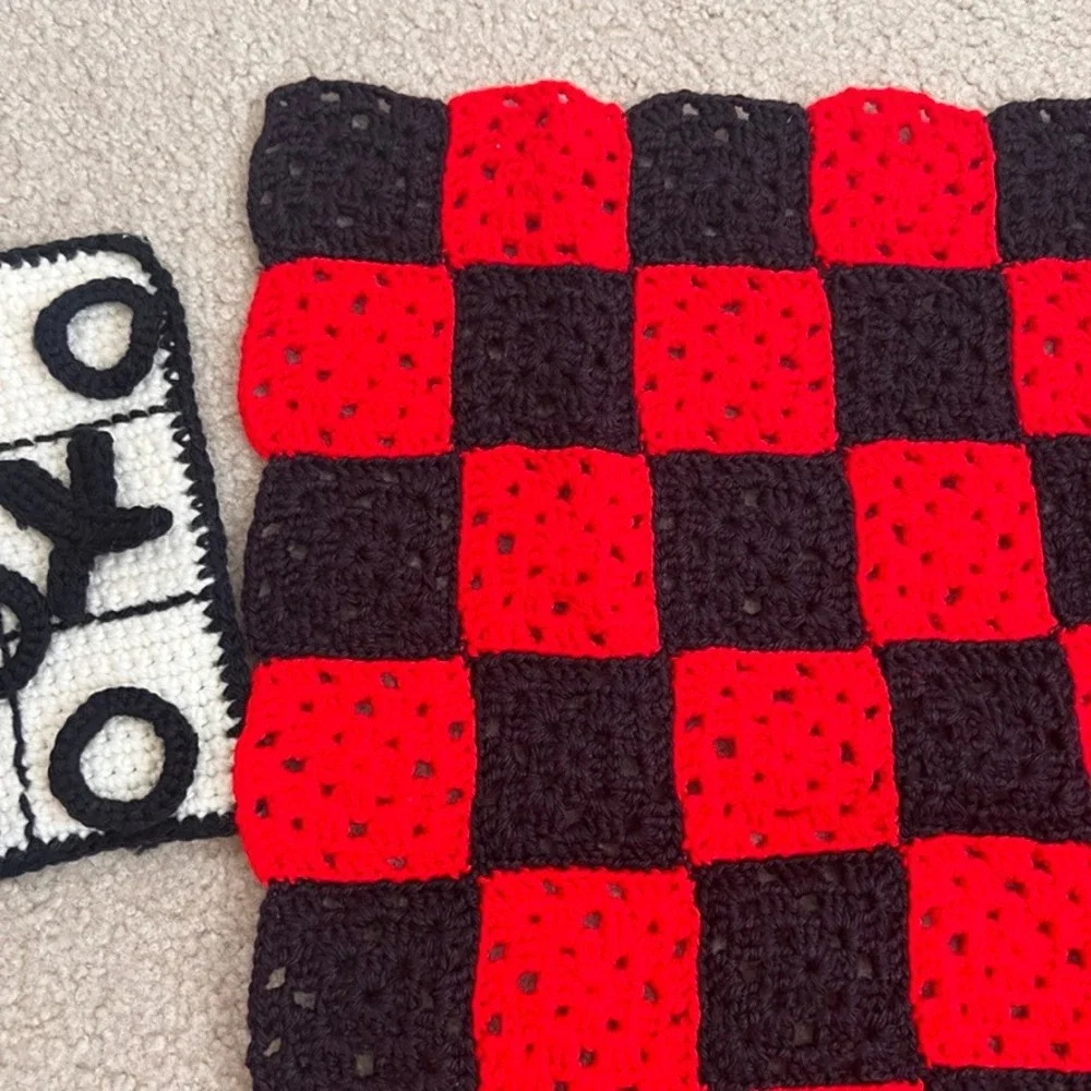 Vintage Handmade Crochet‎ Checkers and Tic Tac Toe Game Set - 2 in 1  Fun